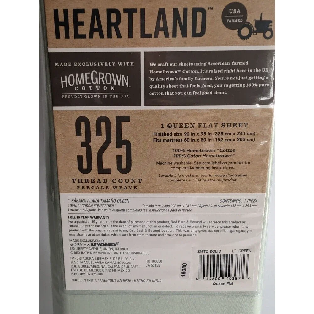 Heartland QUEEN Flat Sheet 325 TC 100% Cotton Percale LT GREEN